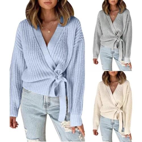 Zoki Cardigans Sweater Women Fashion Bandage Tunic Female Knit Jacket Casual Spring Long Sleeve V Neck Solid Streetwear Jumper