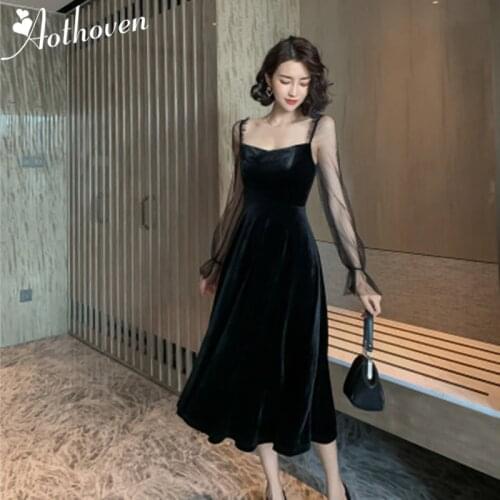 2020 Spring Women Dresses Black Mesh Patchwork Flare Sleeve Velvet Dress Lady Bandage Bodycon Vintage Sexy Party A-Line Dress
