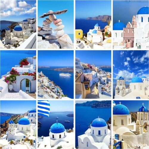 KAMY YI DIY Diamond Blue Castle Scenery Painting Full Square round Mosaic Embroidery Cross Stitch Mosaic Interior Decoration