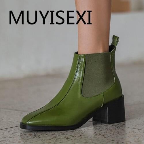Slip on ankle boots genuine leather square toe 6cm high thick heels French romance elegant basic clothing Chelsea JGG10 MUYISEXI