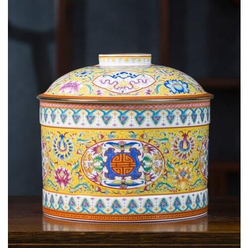 Jingdezhen Ceramic Enamel Big Tea Jar Pot Tea Caddy Pu'er tea Cake Jar Moisture Proof Storage Tank Large Antique Jar