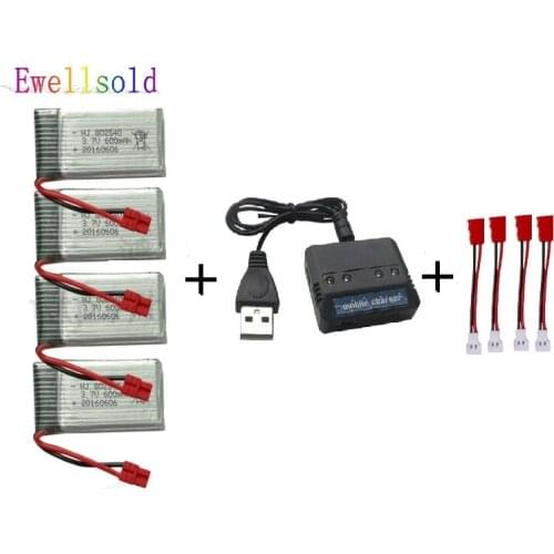 Ewellsold X5HC X5HW RC Quadcopter Parts 4PCS 3.7V 600mah Lipo Battery with 4 in1 USB Charger Adapter cable Drone Spare Parts Set