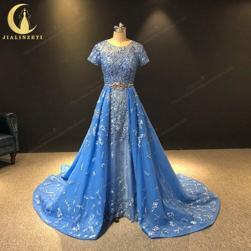 JIALINZEYI Real Image Luxurious Two Pieces Mermaid Inside Blue Lace Appliques Beads Formal Dresses Evening Dresses 2019