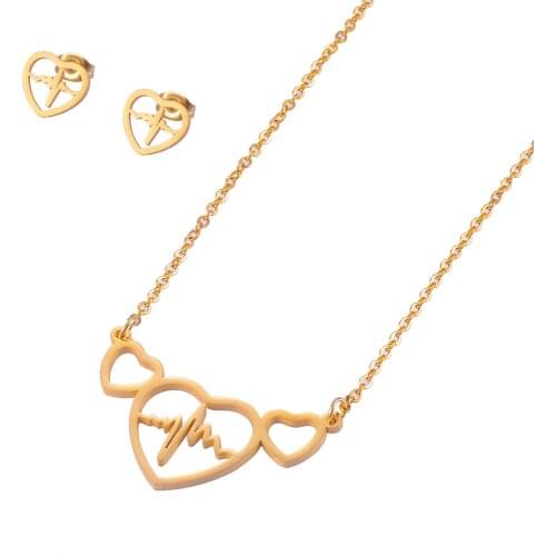 Stainless Steel Womens Earrings Necklace Set Golden Love Heartbeat Pattern High Quality Jewelry