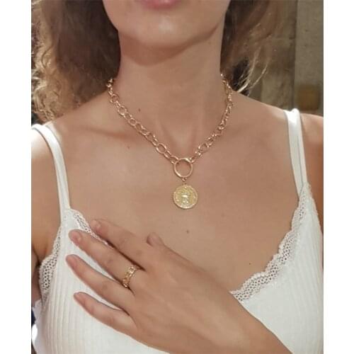 Trendy Gold Color Coin Center Pendant with Big Chain Necklace For Women Girl Lovely Girly Fashion Jewelry