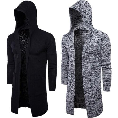 Spring Long Knit Cardigan Hooded Coat For Men Open Front Sweater Knitted Male Jacket Trench Long Sleeves Large Size Spring 2019