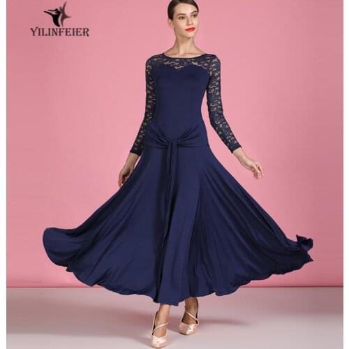 Ballroom dance dress girl adult junior standard ballroom dance dress for ladies lace long sleeve lace navy blue s9064