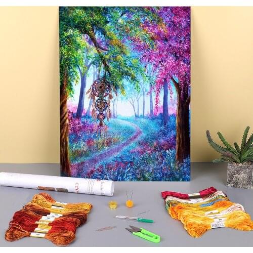 Natural Scenery Dreamcatcher Printed Water-Soluble Canvas 11CT Cross Stitch DIY Embroidery Patterns DMC Threads Mulina