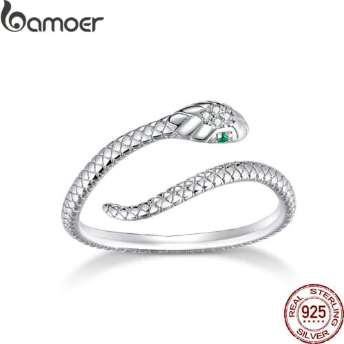 Bamoer Sterling Silver Platinum Plated Adjustable Ring, Green Zircon Retro Textures Snake Ring Fashion Jewelry SCR666