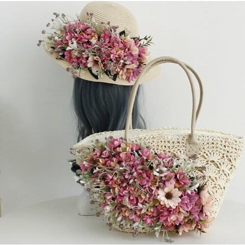 Ladies Straw Bag 2021 Summer The New Hand-woven Straw Shoulder Bag Larger Capacity Handmade Flowers Beach HandBag with Sun Hat