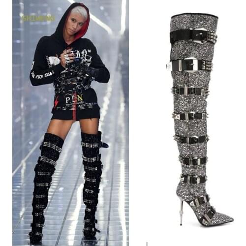 Women Blingbling Crystal Over The Knee Boots Fashion Thigh High Buckle Strap Boots Lady Runway Rivet Buckle High Heel Shoes 2021
