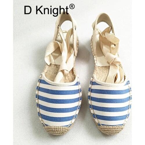 Women Flats Espadrilles Sandals 2021 Summer Striped Ankle Strap Women Canvas Platform Fisherman Fashion Lace up Hemp Shoes Woman
