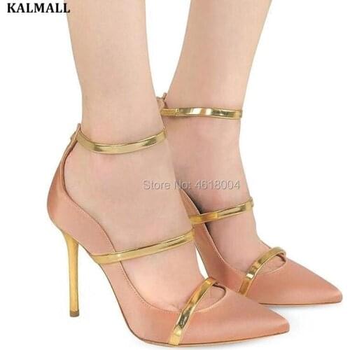 KALMALL Fashion Women Ankle Strap Pumps Pointed Toe High Heels Three Metal Straps Sexy Shoes Party Dress Heels Women Shoes 33-43