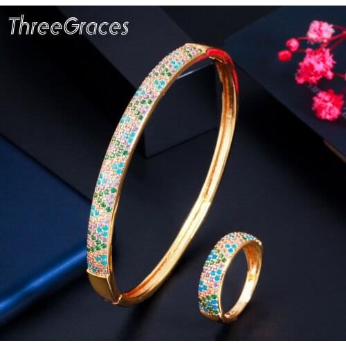 ThreeGrace Luxury Cubic Zirconia Indian Gold Color Big Round Open Cuff Bangle and Ring Set for Women Wedding Prom Jewelry JS132