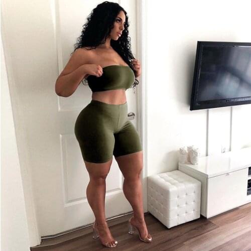 Two-piece Solid Color Womens Clothing Short sleeveless slash Neck T-shirt Tight-fitting Shorts Simple Style Tracksuit Outfit