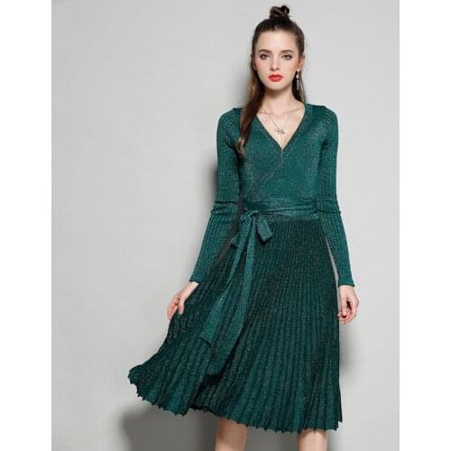 2021 Elegant Shiny Pleated Sweater Dress Women Long Sleeve Sexy V-Neck Female Sash Glitter A-line Luxury Knit Dresses Party