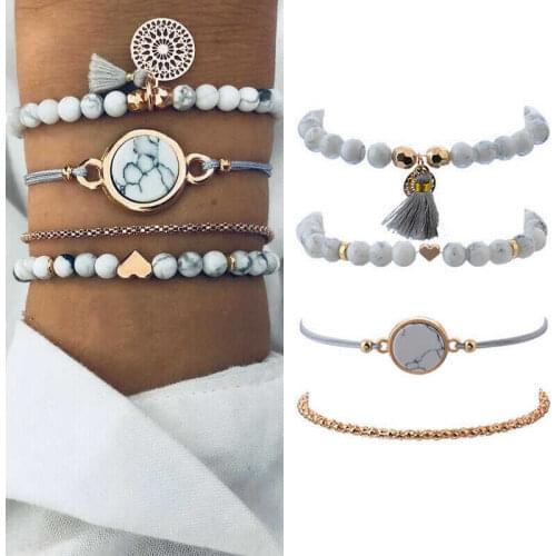 4Pcs/Set Trendy Marble Beads Tassel Handmade Bohemian Charm Bracelet Jewelry