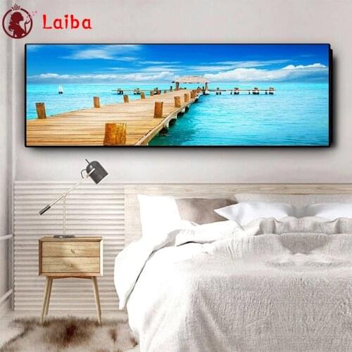 5D DIY Square round Diamond Painting Natural scenery, blue sky ocean wooden bridge Diy Diamond Embroidery Diamond Mosaic art