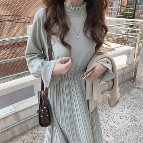 Elegant A-Line Pleated Elastic Waist Dress Korean Women Dresses Sundress Vintage Flare Sleeve High Collar Chiffon Dress Party