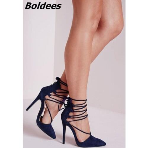 Elegant Dark Blue Suede Cross Strap Heels Women Sexy Pointy Stiletto Heel Lace Up Pumps Real Back Zip Trendy Shoes Hot Selling