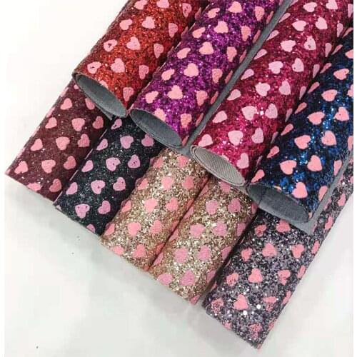 Pink Heart Printed Shiny Chunky Glitter Faux Artificial Leather Fabric Sheet for Making Craft/Hair Bow/Decorative/Wallpaper/Shoe