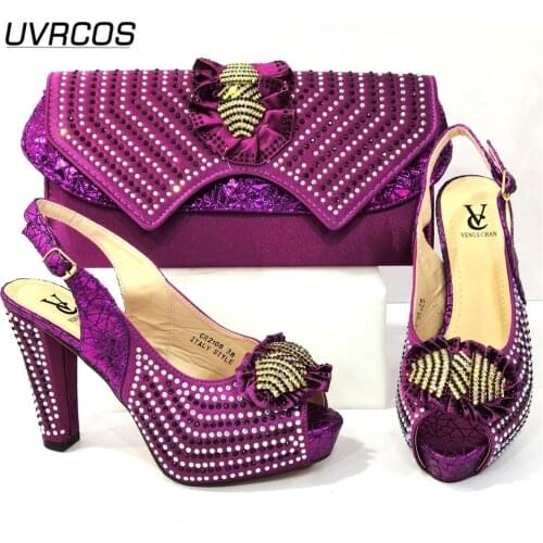 Italian Design 2021 Lastest African Fashion Nigerian Style Hot Selling Purple Color Ladies Shoes and Bag Set for Party Wedding