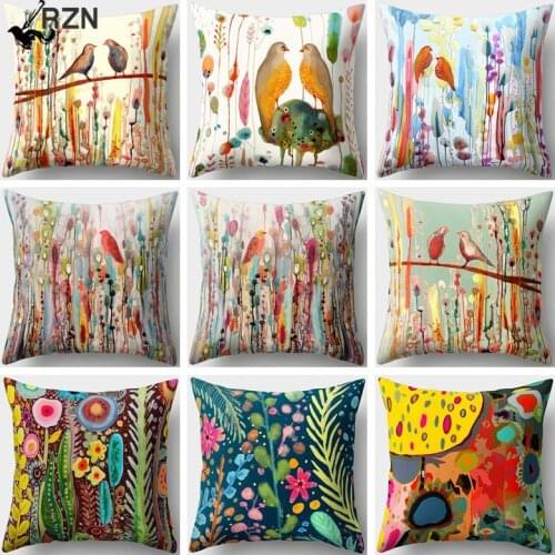 45x45cm Bird Oil Painting Polyester Cushion Cover Plant Flower Pillow Case Home Decorative Pillows Cover For Sofa Car