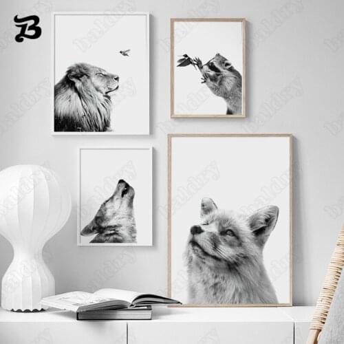 Minimalist Style Canvas Painting Animals Black White Wolf Lion Fox Raccoon Nordic Wall Art Pictures for Living Room Decoration