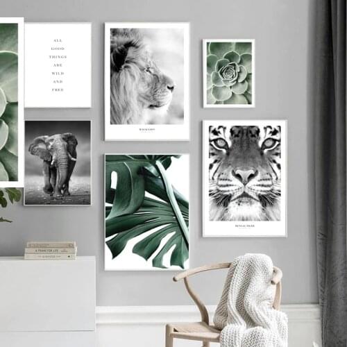 Nature Forest Landscape Canvas Wall Art Print Painting Nordic Tiger Elephant Lion Poster Cactus leaves Picture Modern Home Decor