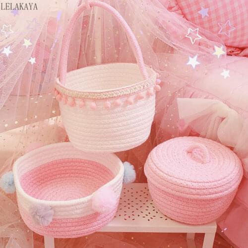 Lovely Girls Heart Pink Purple Cotton Rope Storage Basket With Lid Laundry Dirty Clothes Sundries Hand-held Bucket with Pompom