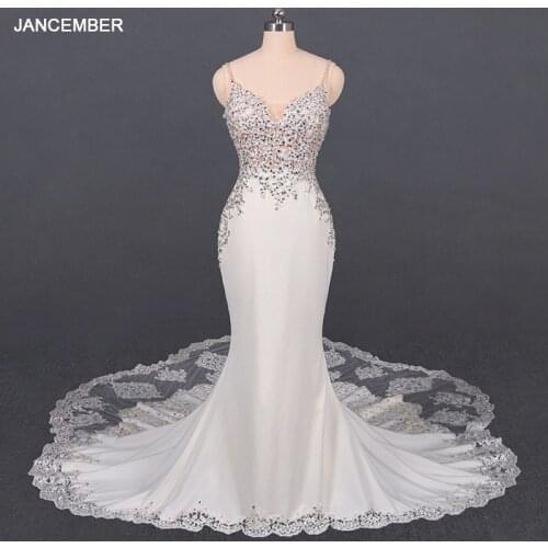 LSDZ10 JANCEMBER Sexy V-Neck Cheap Spaghetti Straps Crystal Mermaid Wedding Dress 2020 Sleeveless Backless Appliques