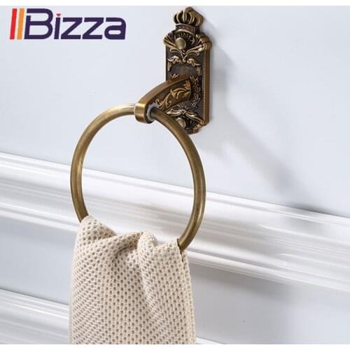 Solid Aluminium Wall Mounted Round Carved Towel Ring Antique Brass Color Bath Towel Holder Rack Classic Bathroom Accessories