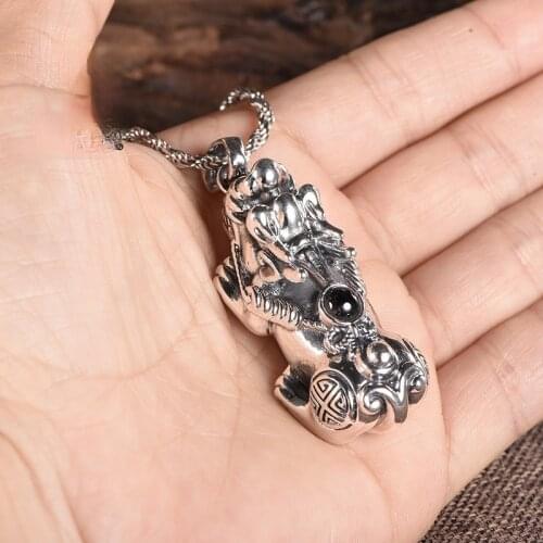 990 Sterling Silver Lucky Pixiu Pendant Necklace for Men, Retro Personality Transfer, Trendy Male Projection God of Wealth