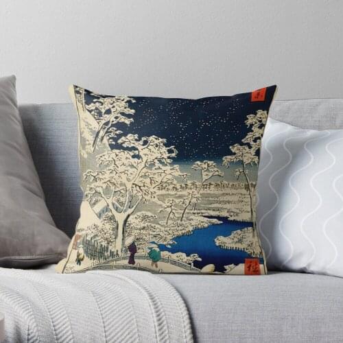 Pillowslip Ukiyo-e, Ando Hiroshige Yuhi Hill and the Drum Bridge at Meguro (1856- 1858) Throw Pillow 100% Cotton