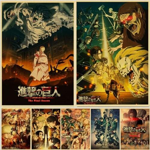 Hot Japanese Anime Shingeki No Kyojin Retro Poster Titan Kraft Paper Wall Art Home Room Decor Eren Mikasa Character Pictures