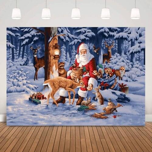 Merry Christmas Party Background Decorations Snow Pine Forest Jungle Animals Portrait Backdrop Winter Santa Claus Photo Shoot