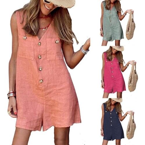 Shorts Jumpsuits Womens Clothing 2021 Summer Playsuits Combinaison Femme Single-Breasted Sleeveless Loose Overalls Monos Mujer