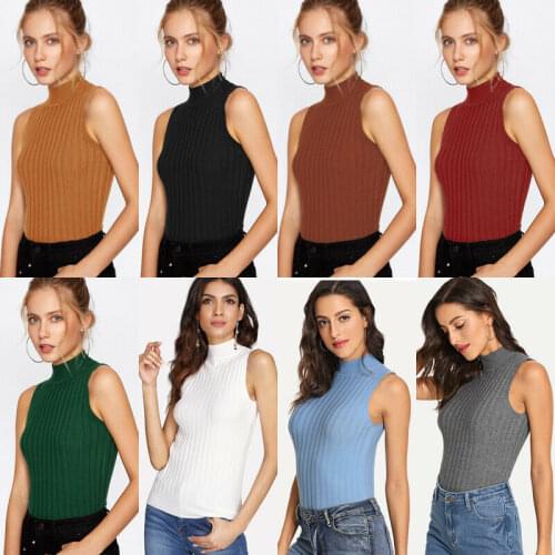 2020 Summer New Women Mock Neck Top Turtleneck Sleeveless T-shirt Slim Knitted Vest Female High Quality Tee Top