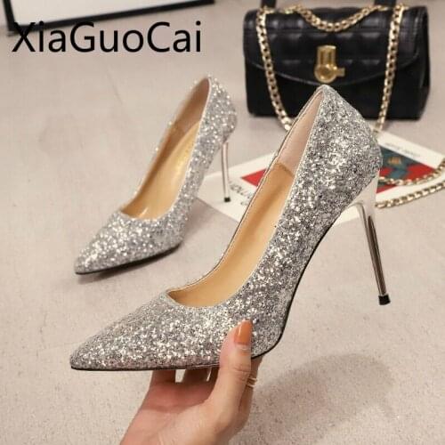 Sexy Women Wedding Shoes Crystal Bride 2020 New Ladies Pumps Wild Sequins Girl High-heeled Net Red Pointed Toe Women Pumps