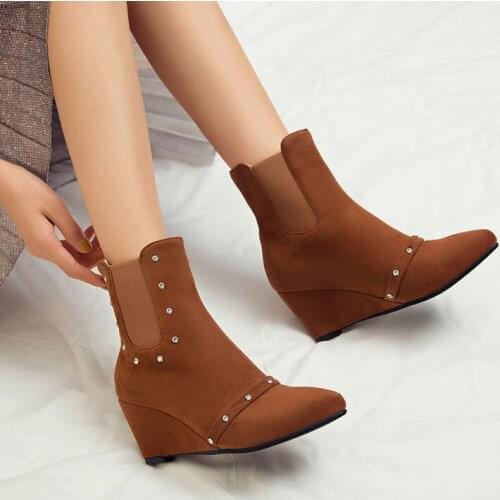 YQBTDL Fashion Crystal Rhinestone Wedges Shoes Slip on Faux Suede Black Apricot Plus Size Womens Booties Ankle Boot Plus Size