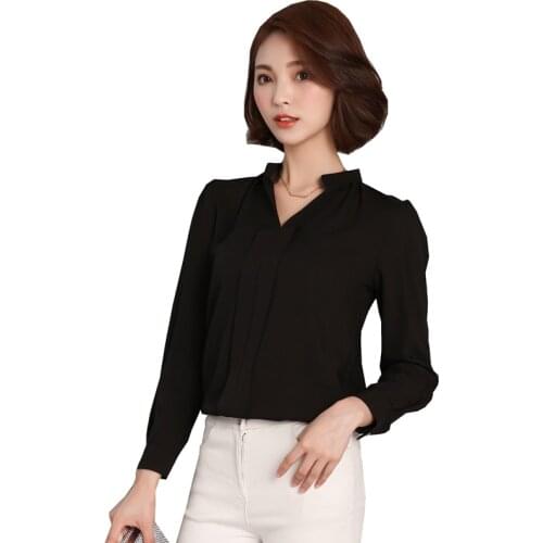 Women spring summer casual chiffon long sleeve shirts solid v-neck loose Lady blouse chiffon all-match tops