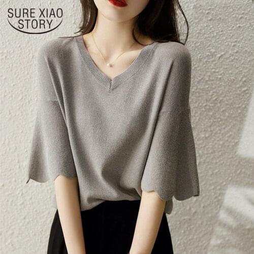 Womens Summer Thin Style Knitting Shirt Loose Short Sleeve Ice Silk blouse Petal Sleeve V-neck Tops Womens Fashion Shirt 14799