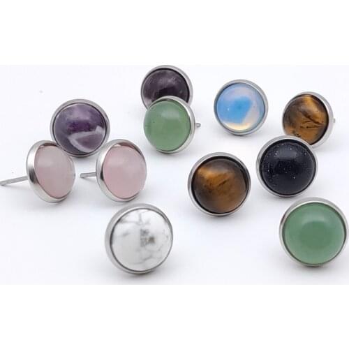 Wholesale 10mm Cabochon Stainless steel Stone Stud Earrings Tiger Eye Opal Pink Crystal Adjustable earing for Women Girl Jewelry