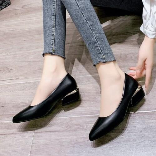 New Big Size Pointed Toe Shoes Square High Heels Genuine Leather Women Pumps Elegant Office Lady Work Female Single Shoes
