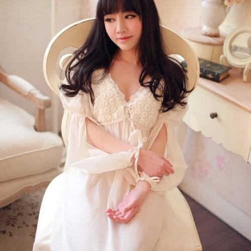Luxury Womens Silk Embroidered Nightgown Lace Robe Long-Sleeved Sexy Dressing Gown Princess Vintage White Embroidery Nightdress