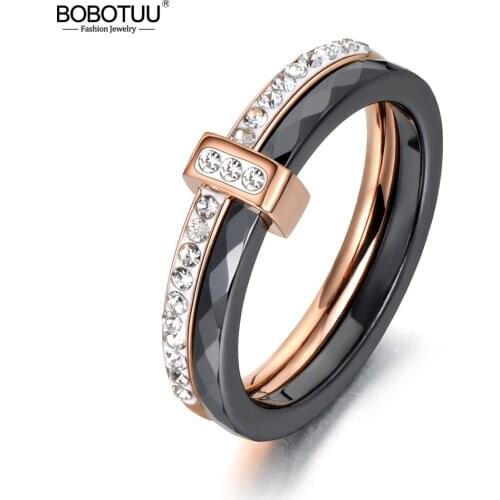 BOBOTUU 2 Layer Black/White Ceramic Crystal Wedding Rings Jewelry For Women Rose Gold Stainless Steel CZ Engagement Ring BR18054