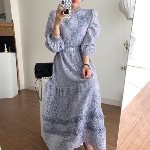 HziriP Lace Dress Crocheted Flower Lady Women 2021 New Stand Collar Sexy Elegance Vintage High Waist Dresses Vesitidos with Belt