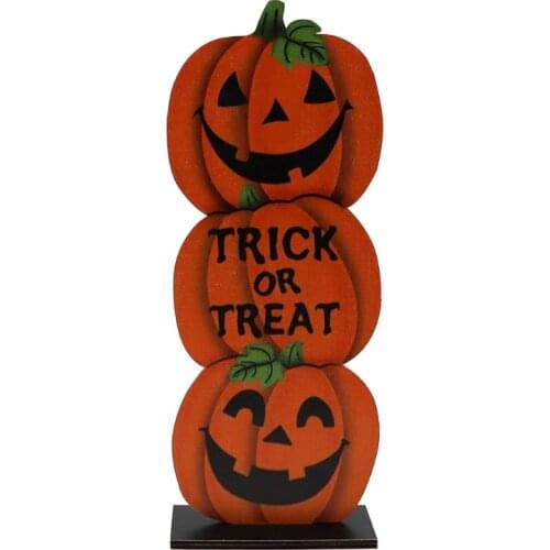 Halloween 3 Pumpkins "Trick or Treat" Wooden Desktop Ornaments Creative Decor for Home Indoor Festival Party Desktop Decoration