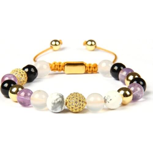 Ailatu Mens Jewelry Micro Pave Cz Ball Macrame Bracelet with 8mm Natural Mix Stone Beads Stainless Steel