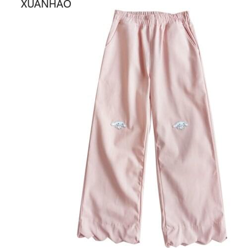 XUANHAO Japanese Lolita Style Women Capris High Waist Pink Black Apricot Cotton Pants Cute Kawaii Sweet Anime Wide Leg Trousers